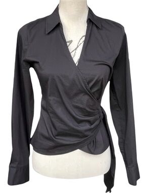 Halogen Black Stretch Cotton V-Neck Collared Long Sleeve Wrap Blouse Top (XS)